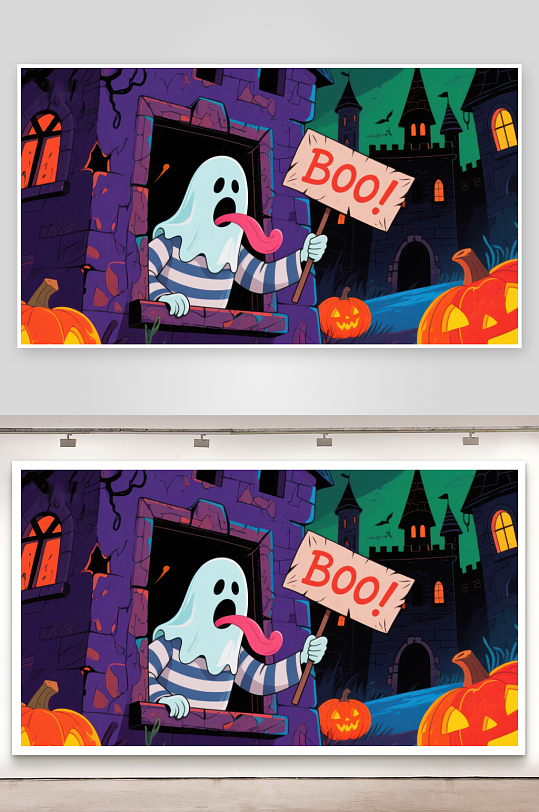 鬼魂手持BOO标牌城堡背景的万圣节场景-众图网