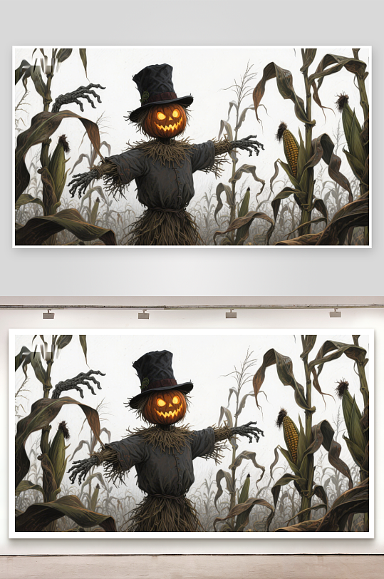 南瓜头稻草人立于玉米田中-众图网