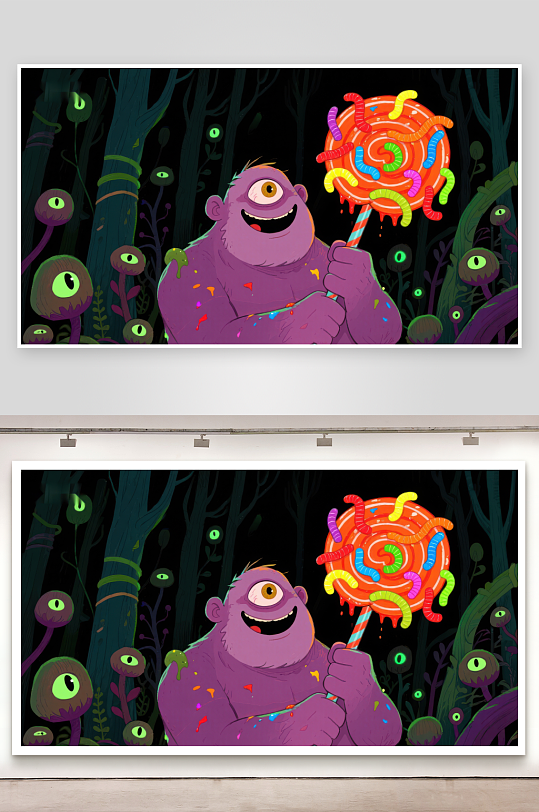 怪兽手持彩色棒棒糖-众图网