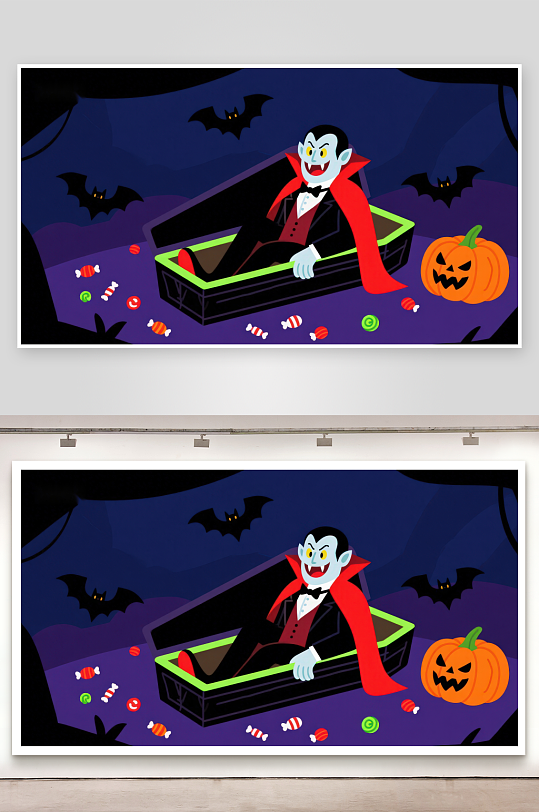 吸血鬼躺在棺材中周围是糖果和南瓜灯-众图网