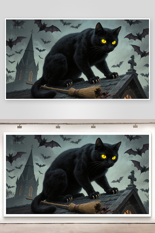 黑猫屋顶守望蝙蝠夜空飞翔-众图网