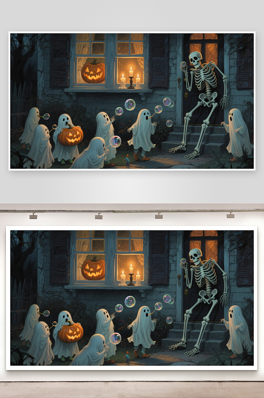 万圣节夜晚的幽灵与骷髅-众图网