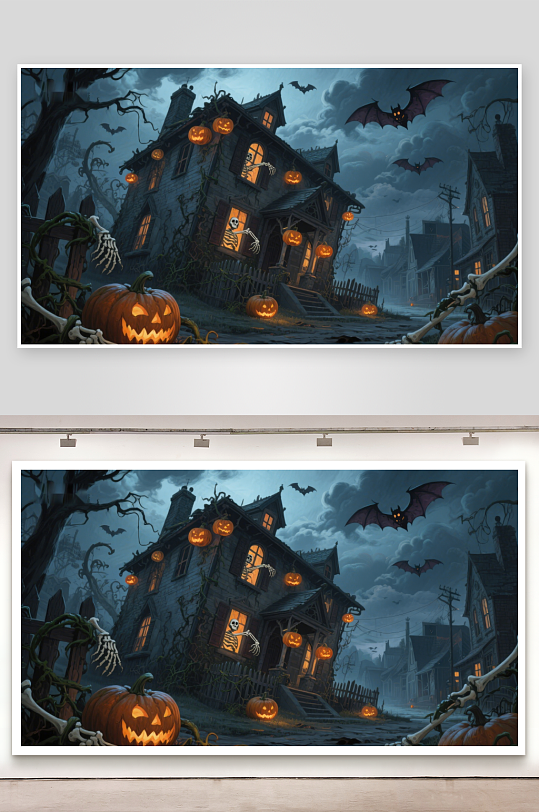 万圣节夜景幽灵古宅与南瓜灯-众图网