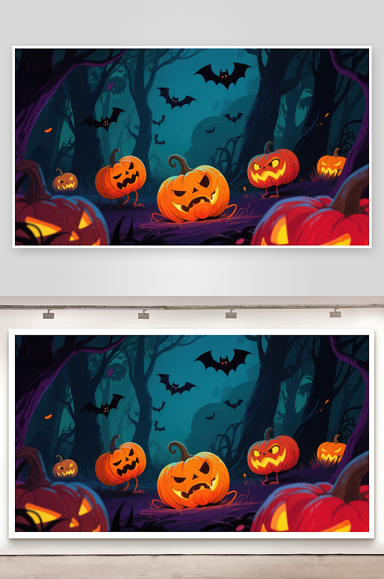 万圣节森林中的南瓜灯与蝙蝠-众图网