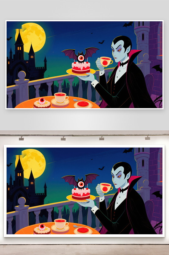 吸血鬼享用甜点与茶的夜晚场景-众图网