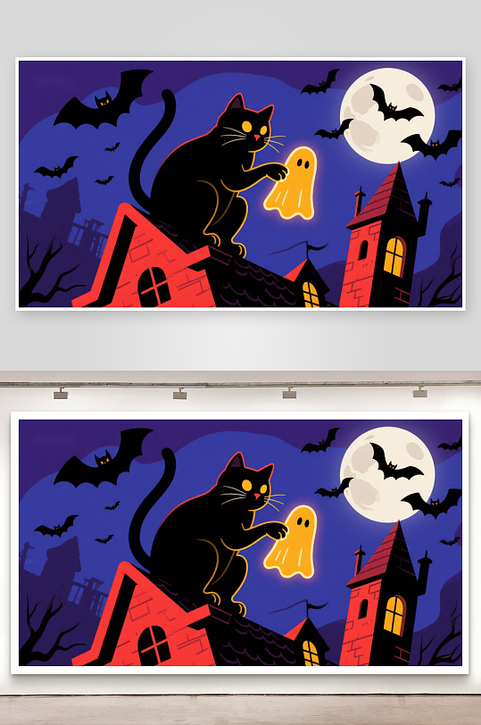 黑猫屋顶捉鬼满月夜蝙蝠飞舞-众图网