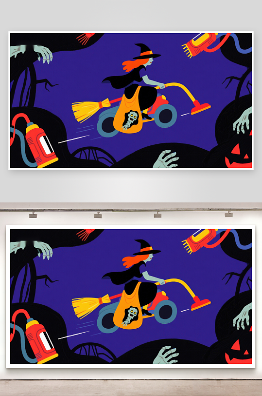 万圣节女巫骑吸尘器飞行-众图网