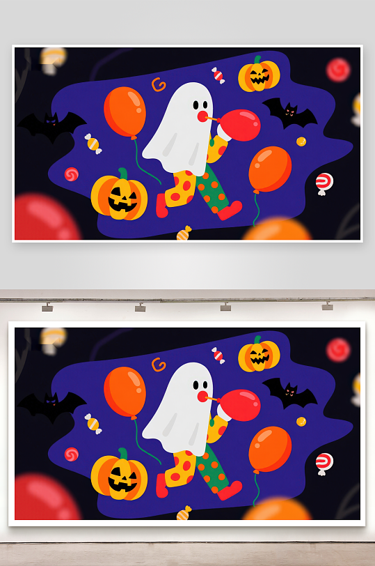 万圣节幽灵手持气球周围南瓜蝙蝠环绕-众图网