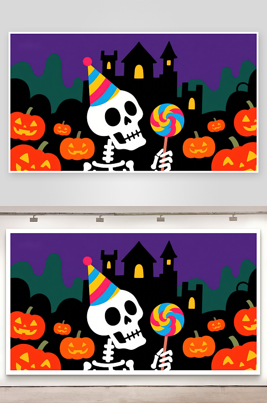 万圣节骷髅与南瓜灯的欢乐夜景-众图网