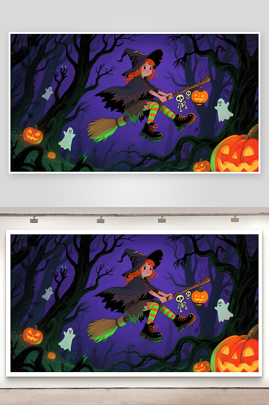 万圣节女巫骑扫帚夜行-众图网