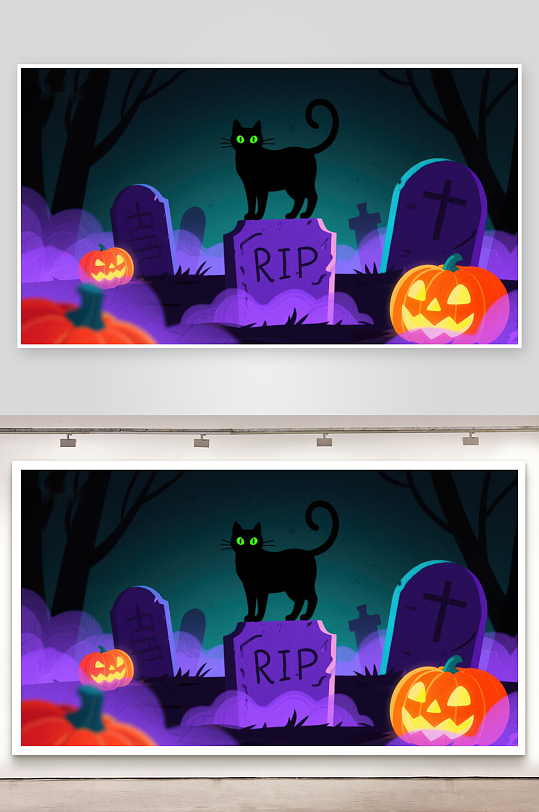 万圣夜墓地黑猫与南瓜灯-众图网