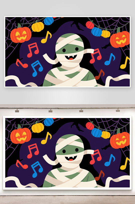 万圣节木乃伊与音乐符号的欢乐场景-众图网