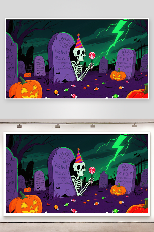 万圣节墓地中的骷髅与糖果-众图网