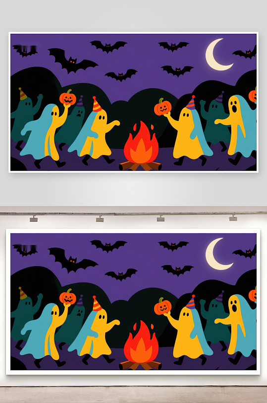 万圣节幽灵围篝火庆祝-众图网