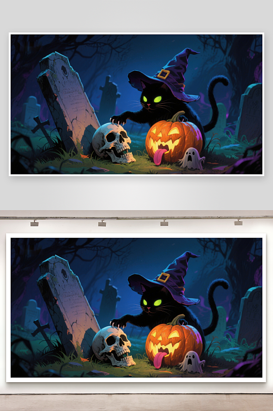 万圣夜墓地中的黑猫与南瓜灯-众图网