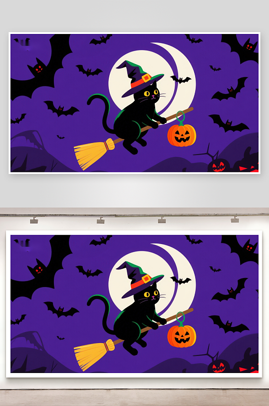 万圣夜猫巫师骑扫帚-众图网