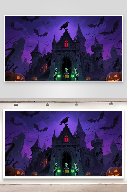万圣节城堡与骷髅灯-众图网