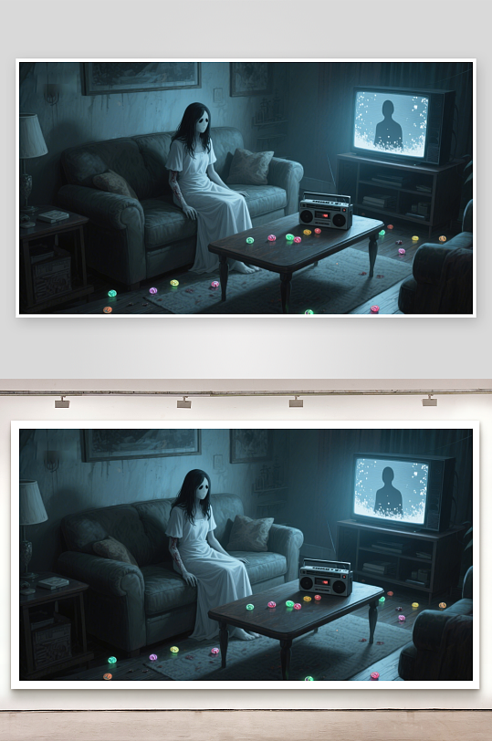 幽暗客厅中的神秘女子与电视机-众图网