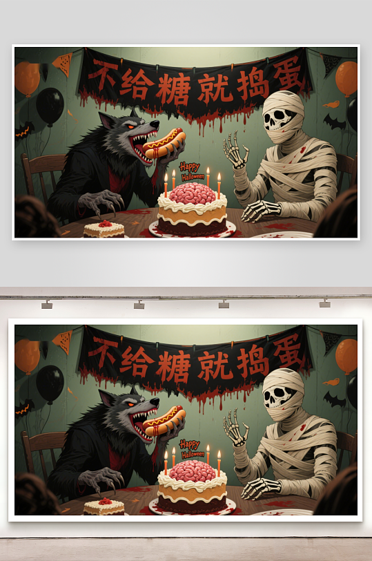 万圣节派对狼人与木乃伊共享蛋糕-众图网