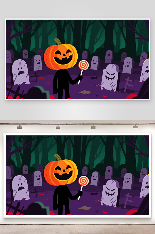 万圣节南瓜灯在墓地手持糖果-众图网