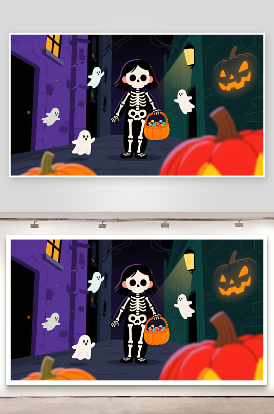 万圣节夜晚骷髅装小孩提篮糖果-众图网