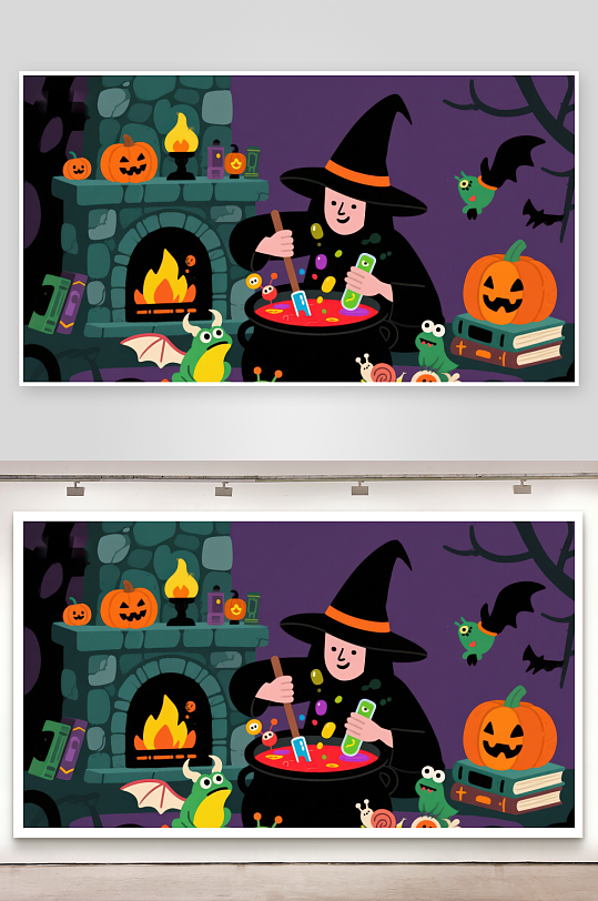 万圣节女巫在魔法锅前施法-众图网