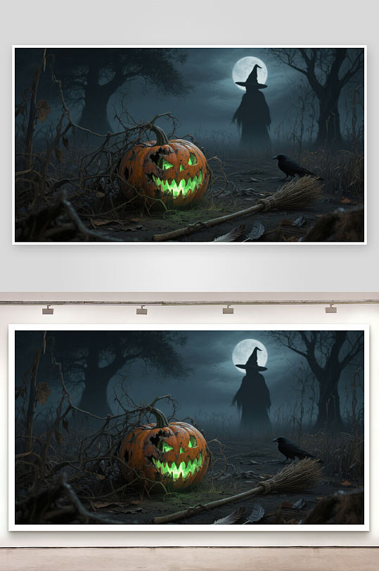 月夜森林中的南瓜灯与巫师剪影-众图网