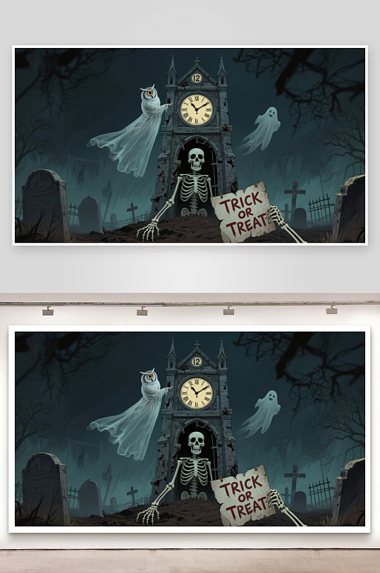 万圣节夜景骷髅与幽灵的钟楼-众图网