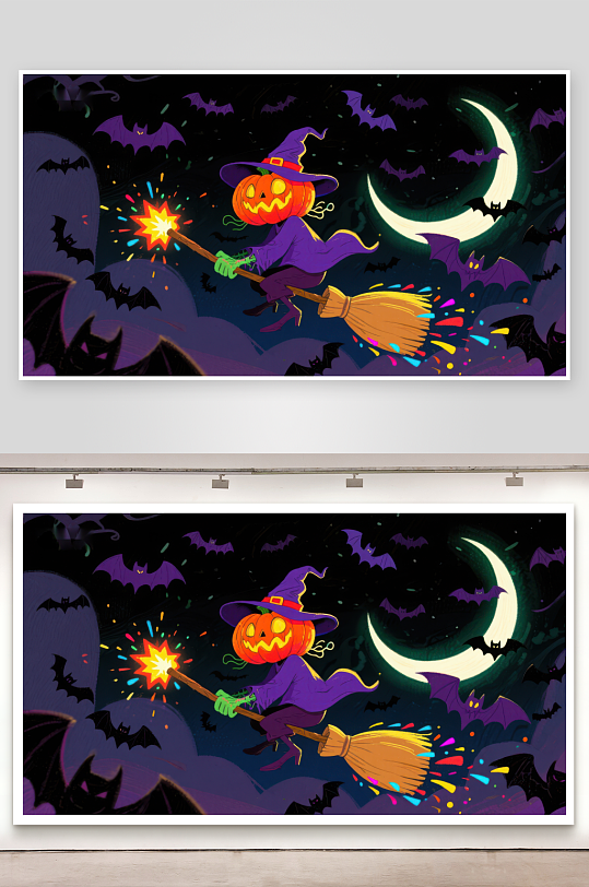 万圣夜南瓜巫师骑扫帚-众图网