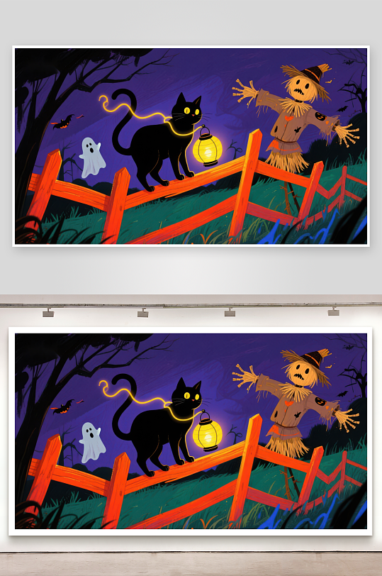 万圣夜黑猫与稻草人-众图网