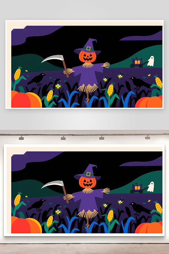 万圣节南瓜灯稻草人夜景-众图网