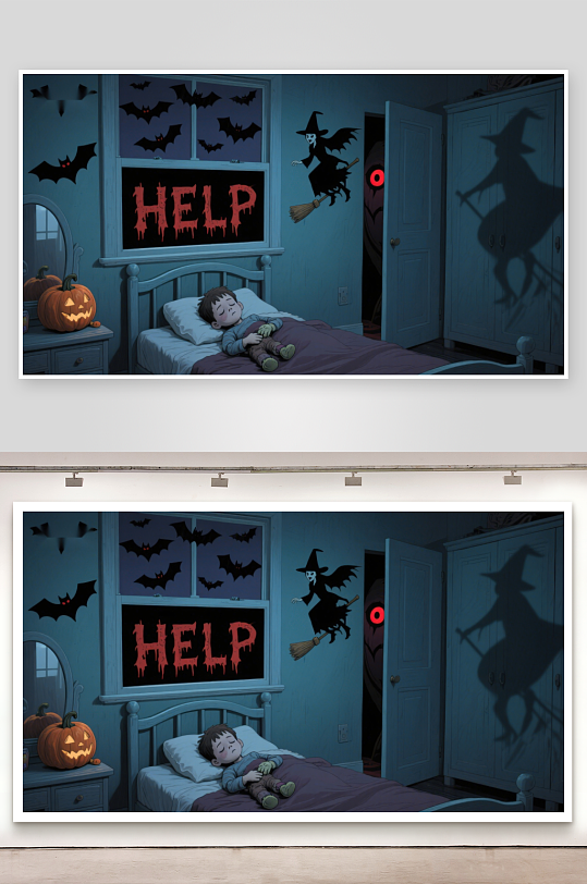 万圣夜惊梦孩子床前的巫婆阴影-众图网