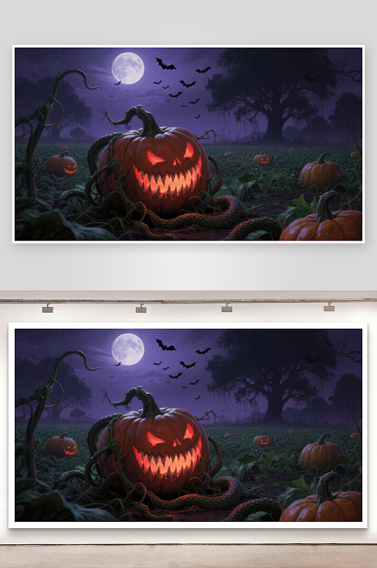 万圣节南瓜灯在月夜森林中发光-众图网