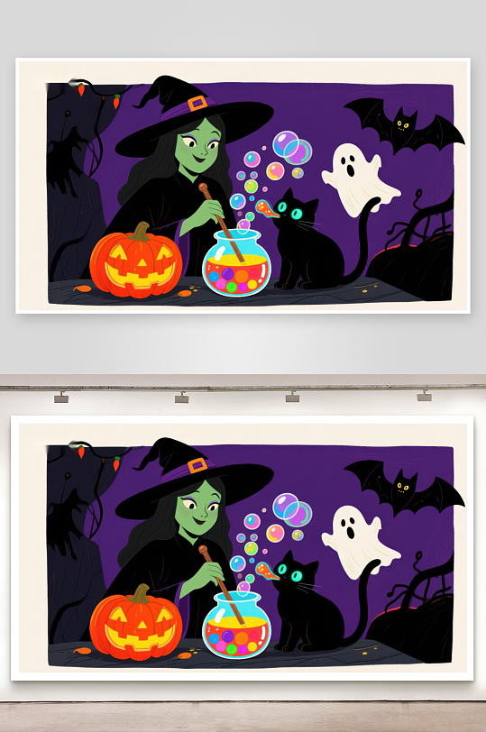 万圣节女巫与魔法泡泡-众图网