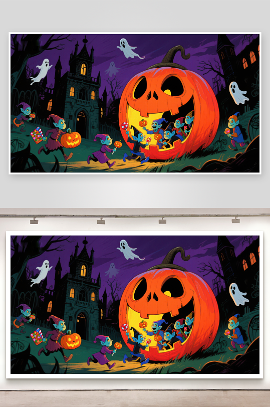 万圣节南瓜灯中的小精灵狂欢-众图网