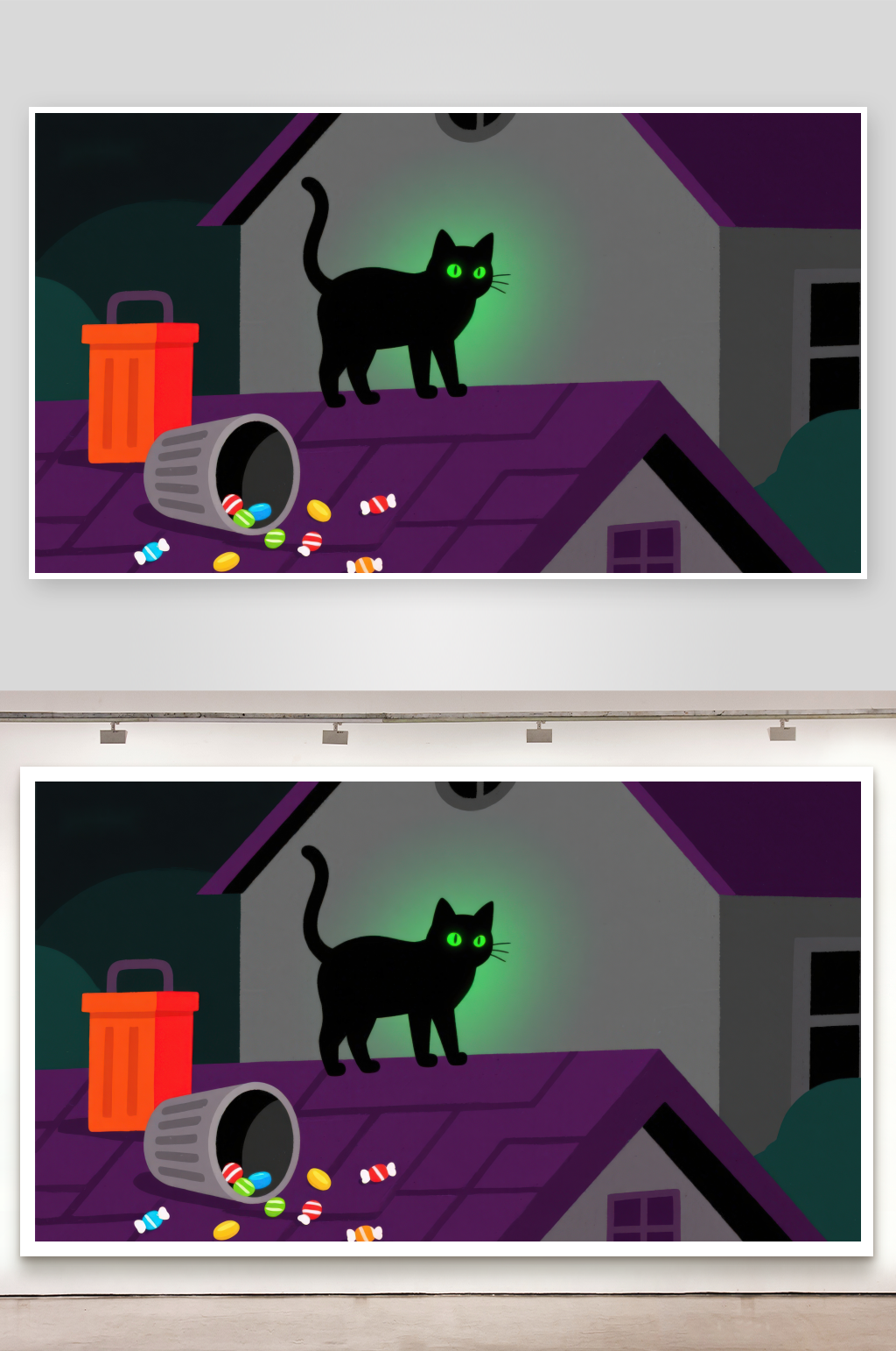 屋顶上的黑猫与糖果素材