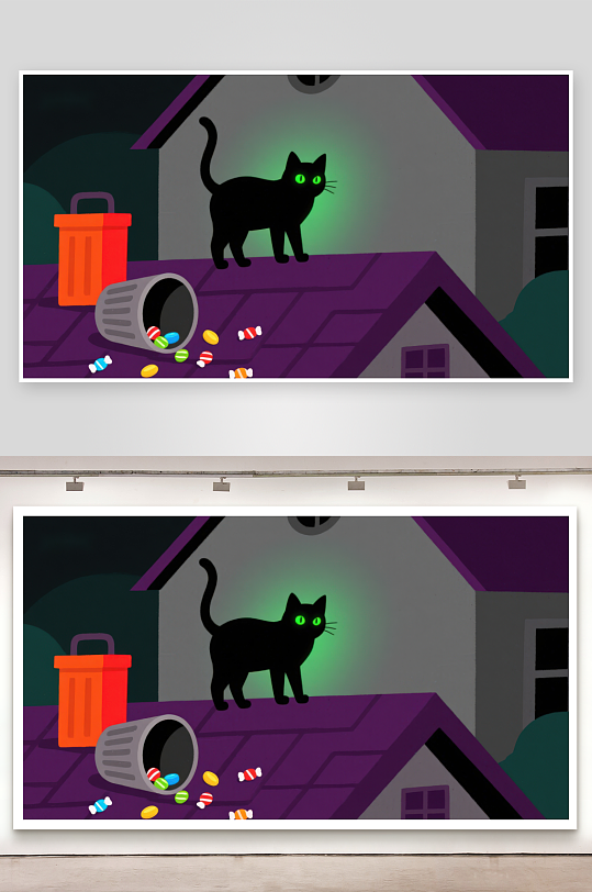 屋顶上的黑猫与糖果-众图网