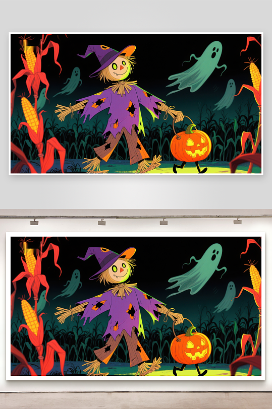 万圣节稻草人与南瓜灯-众图网