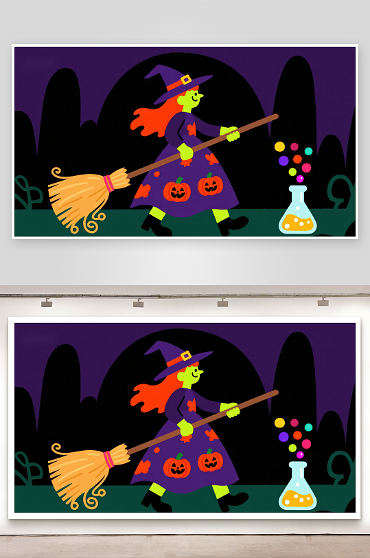 万圣节女巫骑扫帚-众图网