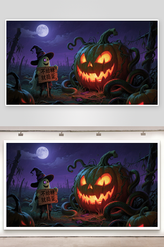 万圣节南瓜与小巫师的夜景-众图网