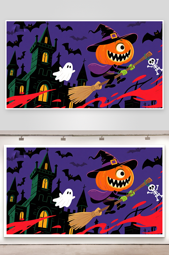 万圣节南瓜巫师骑扫帚飞过鬼屋-众图网