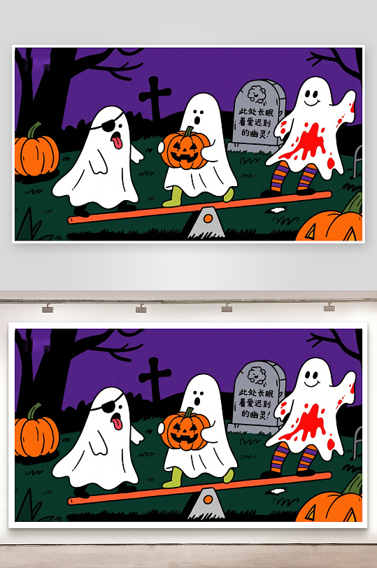 万圣节幽灵在墓地玩耍-众图网