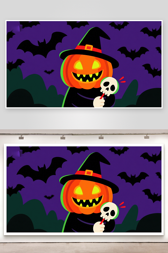 万圣节南瓜巫师手持骷髅棒-众图网