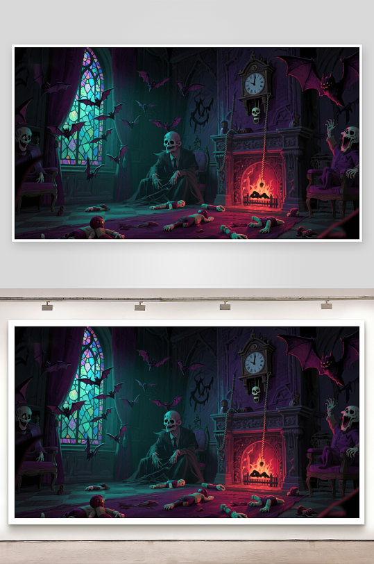 幽暗古堡中的骷髅聚会-众图网