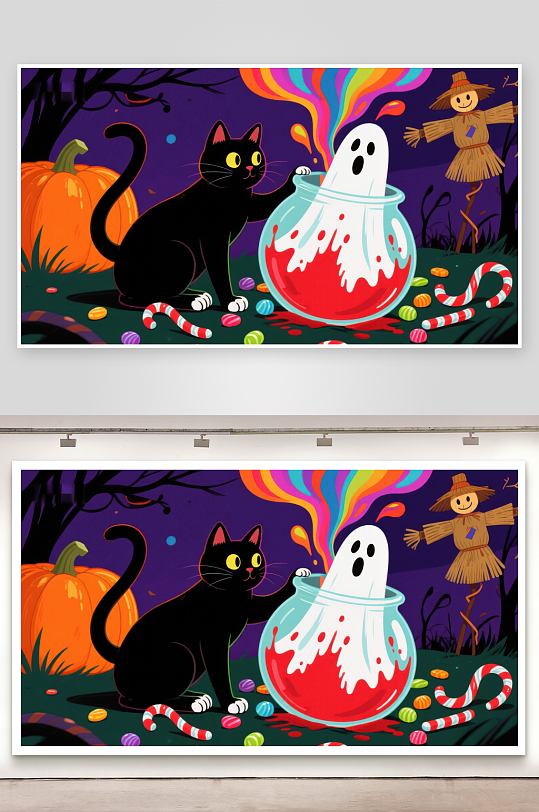万圣节夜景黑猫与糖果罐中的幽灵-众图网