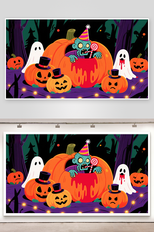 万圣节南瓜灯与幽灵的欢乐夜-众图网