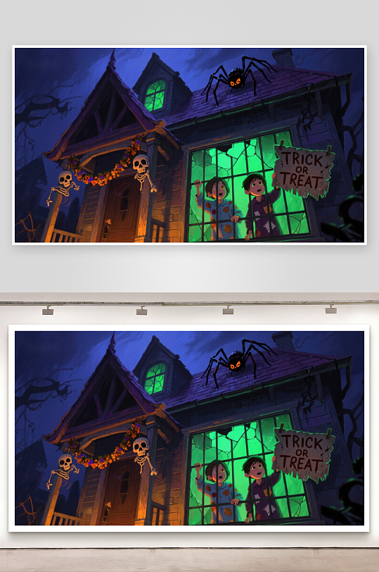 万圣节夜孩子们在装饰恐怖屋前欢呼-众图网