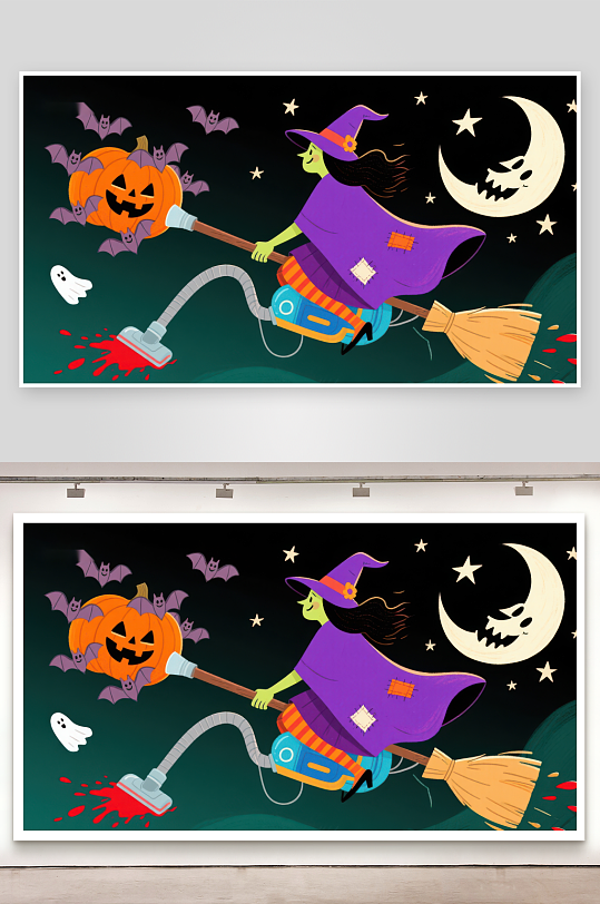 万圣夜女巫骑帚吸尘-众图网