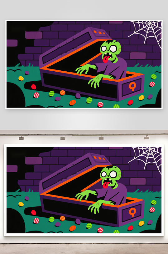 僵尸从棺材中爬出周围散落糖果-众图网