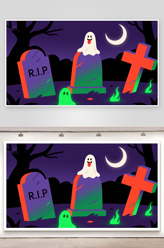 墓地幽灵夜景插画-众图网